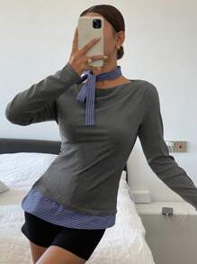 DAZY Camisa de mujer de manga larga con hombros descubiertos, cuello de corbata y diseño de patchwork a cuadros