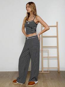 SHEIN EZwear Pantalones de punto a rayas negras y blancas informales para mujer