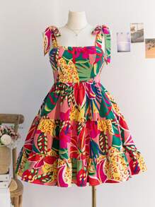 Soleia Plus Size Women's Boho Vacation Colorful Printed Bowknot Shoulder A-Line Mini Dress, For Summer,Beach Dress Sundress,Holiday Outfits