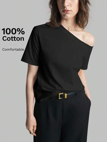 Ontre 2025 Nueva Top de manga corta de unicolor para mujer, desgaste diario casual, camiseta casual suelta de cuello corto negra, blusa para mujeres, ropa de verano, casual de negocios, vacaciones, playa, fiesta de cumpleaños, ajuste atlético para maestros, vuelta al colegio, Top tipo bardot