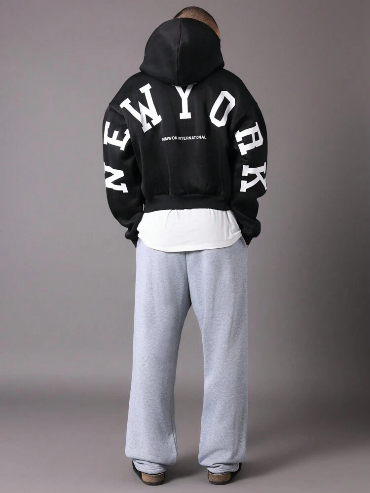 Cropped Varsity Letter Zip Hoodie With Loose Sweatpants