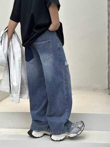 男童口袋简约破洞阔腿裤，休闲日常穿着 - 中等水洗藍 - 查看 5