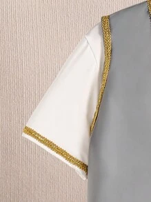 2pcs Teen Boy Casual Outfit: Shirt And Vest, Relaxed Fit Pants, Comfortable And Breathable, Gold Trim, Shirt With Pockets