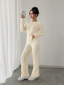 SHEIN Unity 女士时尚博主风格打结毛衣和裤子套装，休闲设计，秋冬 - 米色 - 查看 7