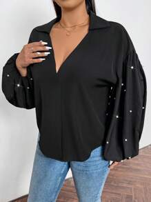 SHEIN Privé Plus Size Women Valentine's Day Solid Lantern Sleeve Front Pleated Beaded Detail Blouse - Black - View 3