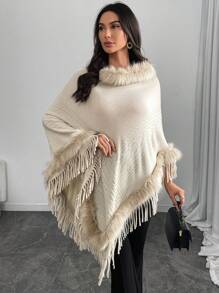 Modelyn Suéter casual de mujer con parches de peluche y flecos - Caqui - Ver 4