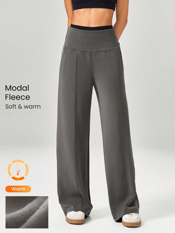 GLOWMODE 30'' Modal Fleece Wide Leg High Waist Adjustable Drawstring Waist Joggers Pants With Side Pockets Daily Casual