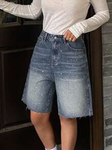 Livesso Women's Rhinestone-Embellished Straight Leg Denim Shorts Sequin Jorts - Medium Wash - View 4