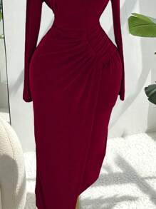 Flirla Plus Size Women Elegant Asymmetric Ruffled High Collar Slim Waist Dress