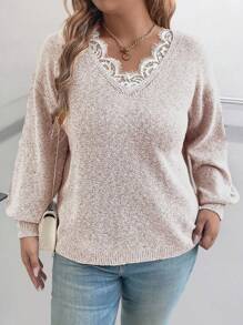 Calvaya Plus Size Women's Loose Lace Collar Long Sleeve Pullover Sweater, Autumn/Winter Knit Pullover Fall Sweater - Dusty Pink - View 6