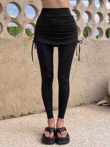 DAZY Women's Solid Color Fitted Elastic 2 In 1 Skirt With Spliced Leggings, Bowknot Waist Tie, Athleisure Appropriate For All Seasons Tights - Black - View 7