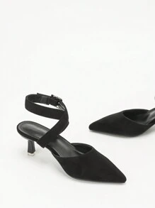 CUCCOO CURVES Plus Size Wide Width High Heel Pointed Toe Elegant Crossing Strap Slip On Pumps Sandals For Work & Daily Wear Valentine's Day - Black - View 5