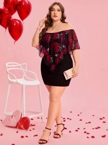 SHEIN Clasi Plus Size Solid Color Patchwork Off Shoulder Casual Mini Dress,Fashionable For Daily Wear&Valentine's Day Date & Party Dress