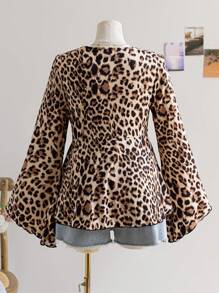 Soleia Blusa de manga larga con estampado de leopardo y encaje floral en talla grande, adecuada para vacaciones, graduación, regreso a clases, ropa de otoño