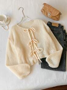 SHEIN EZwear Cardigan décontracté à manches longues avec nœud devant pour femmes, automne/hiver - Jaune citron - Voir 5