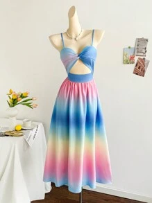 Soleia Vacation V-Neck Crisscross Waist A-Line Ombre Print Midi Slip Spring Dress Easter Dress For Women