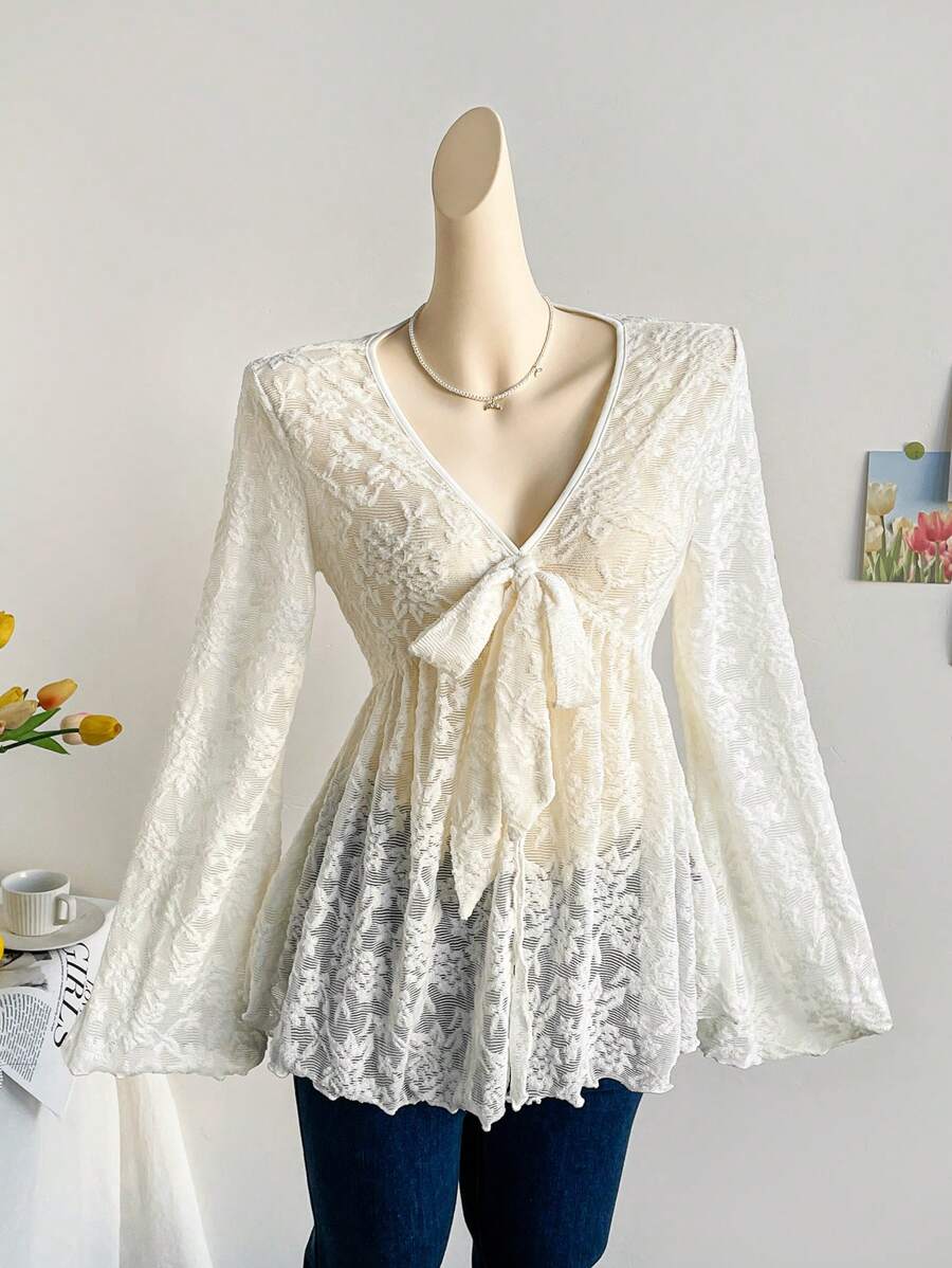 Soleia Áo ren đi nghỉ cho nữ có dây buộc phía trước và tay loe - Màu be - Xem 1