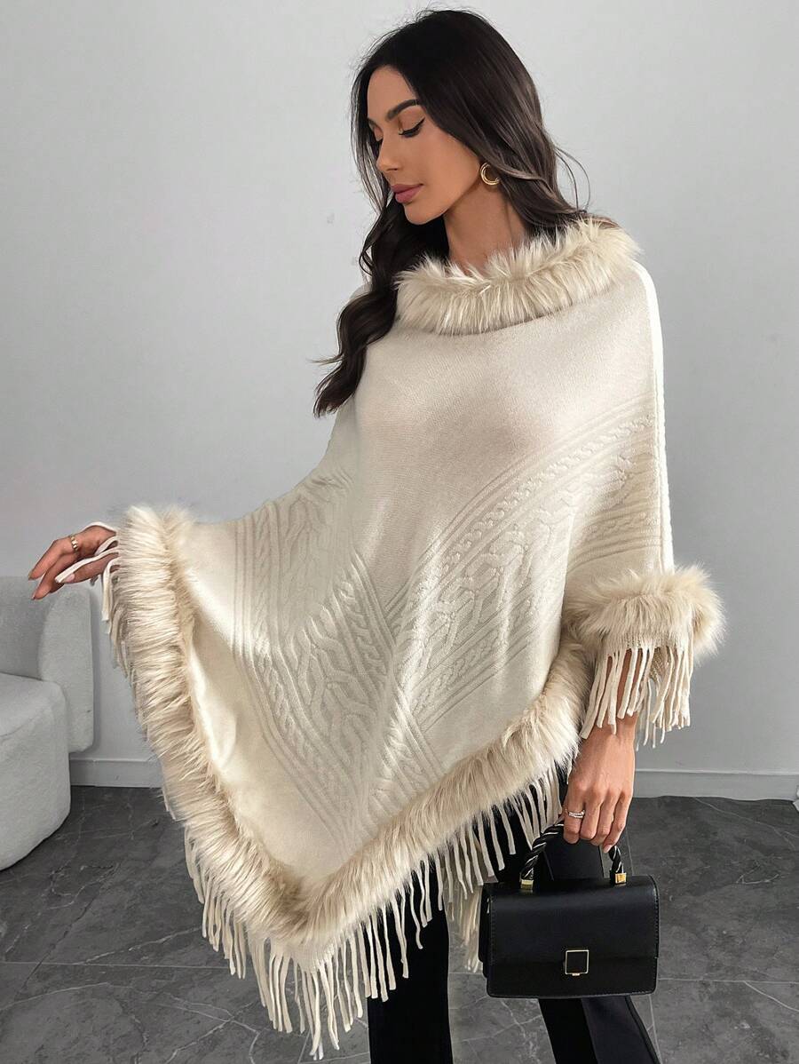 Modelyn Suéter casual de mujer con parches de peluche y flecos - Caqui - Ver 1