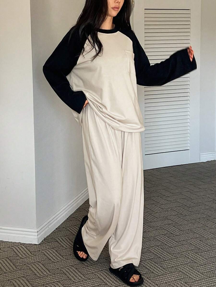 DAZY 两件套女士撞色拼接插肩袖上衣带口袋和裤子家居服套装，秋冬睡衣，舒适套装 - 杏色 - 查看 1