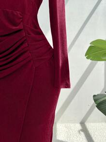 Flirla Plus Size Women Elegant Asymmetric Ruffled High Collar Slim Waist Dress