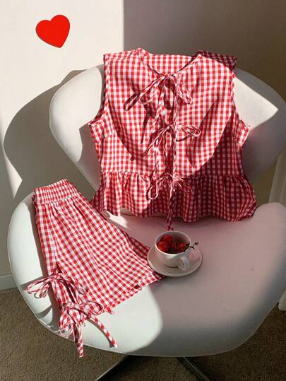 Comfortcana 2pcs Women Plaid Lace-Up Camisole And Shorts Clothes Set, Valentine's Day