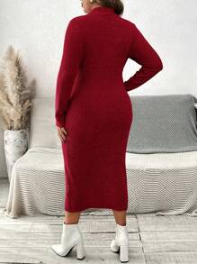 SHEIN VCAY Plus Size Solid Color Stand Collar Long Sleeve Slim Casual Dress
