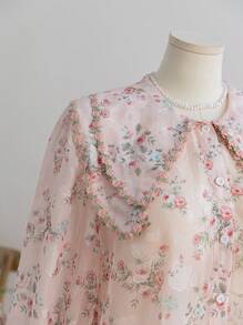 Soleia Women's Plus Size Rose Print Sheer Layered Frill Trim Long Sleeve Blouse, Suitable For Vacation, Autumn/Winter, Valentine's Day