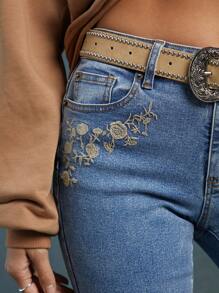 WESTFADE Quần Jeans Skinny Co Giãn Thêu Hoa Cạp Giữa Mùa Hè - Rửa trung bình - Xem 2