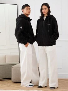 Manfinity VCAY Unisex Thickened Granular Wool Loose Raglan Hooded Zip-Up Jacket Coat, Suitable For Autumn/Winter, Grunge - Black - View 5