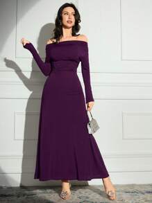 Modelyn Women's Solid Color Off Shoulder Long Sleeve Casual Long Arabic Style Dress