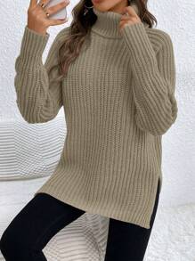 SHEIN LUNE High Neck Solid Color Casual Sweater With Side Slit Raglan Sleeves, Autumn/Winter - Khaki - View 6