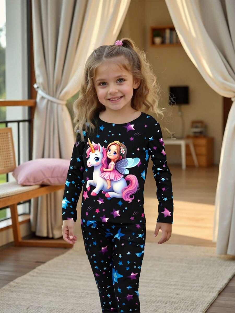 Ensemble 2 pièces de pyjama pour filles et enfants, un pantalon long et un haut à manches longues, en couleur unie élégante et confortable, avec motif luminescent dans le noir de licorne minimaliste - Noir - Voir 1