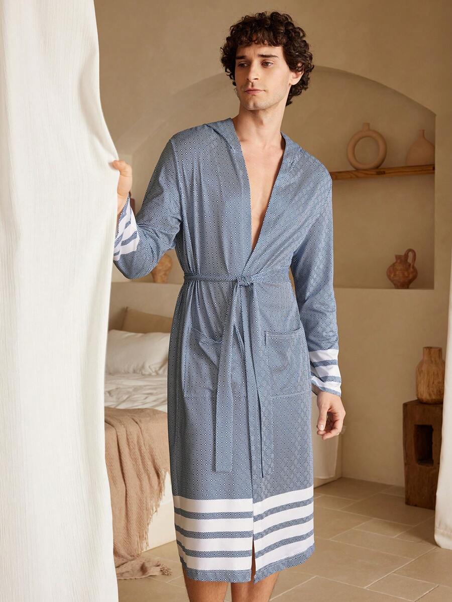 Men's Geometric Pattern Long Sleeve Pajama Robe With Pockets - Baby Blue - View 1
