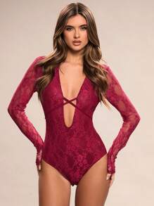 SHEIN BAE ชุดบอดีสูทเซ็กซี่สีเข้ม ปักลายดอกไม้ คอวี ปลายยาว แขนยาว รายละเอียดผูกเชือก สำหรับใส่ในงานเลี้ยง วันวาเลนไทน์ งานปาร์ตี้ มิวสิกเฟสติวัล - สีไวท์แดงหม่น/สีเบอร์กันดี - ดู 4