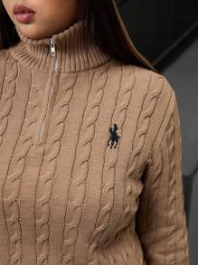 Calvaya Plus Size Crew Neck Solid Color Zipper Collar Casual Pullover Sweater, Minimalist Fashion For Everyday Wear - Apricot - View 8