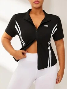 Easithlete Plus Size Contrast Color Side Stripe Front Zipper Track Jacket, Spring/Summer - Black - View 4