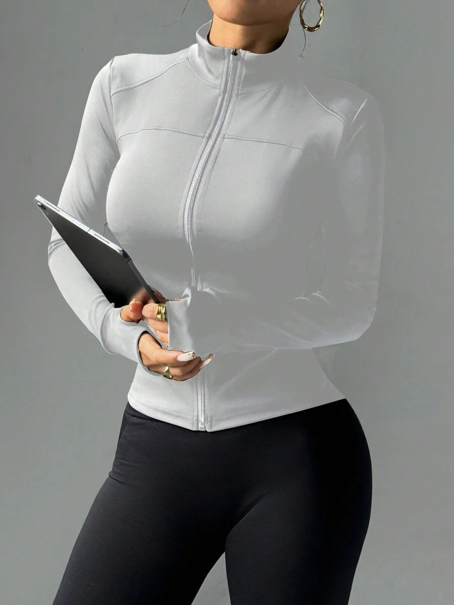 Gameset SHEIN Sport 修身弹力运动跑步夹克,带拉链,休闲生活瑜伽运动服 - 灰色 - 查看 1
