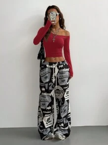 Coolane 女孩秋冬日常穿着必备针织弹力舒适不对称领口长袖上衣 - 酒紅色 - 查看 2