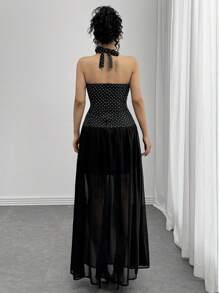 SHEIN Unity Sexy Backless Tied Neck Deep V Neck Slim Waist Dress, Stylish & Chic - Black - View 2