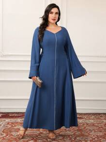 Al Najma Plus Size Women Casual Crossed Binding Waist Arabic Style Dress, Plus Size Modest Full Length Dresses