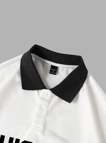 Manfinity Campus Court Men's Plain Color Block Letter Print Front Button Casual Polo Shirt