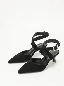 CUCCOO CURVES Plus Size Wide Width High Heel Pointed Toe Elegant Crossing Strap Slip On Pumps Sandals For Work & Daily Wear Valentine's Day - Black - View 3