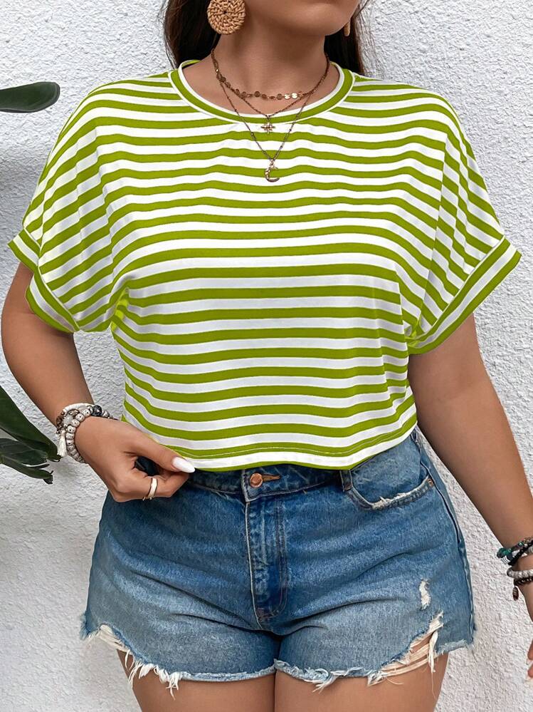SHEIN VCAY Camiseta holgada de manga corta a rayas blanca estilo bohemio y de vacaciones, talla grande, para el verano - Verde - Añade 3