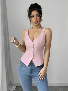 Selianne Pink V-Neck Corset Top For Women, Sleeveless Button-Up Cami Top, Summer Fashion - Pink - View 6