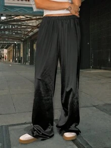 Easelle 女士纯色松紧腰休闲裤，日常穿着 - 黑色 - 查看 3