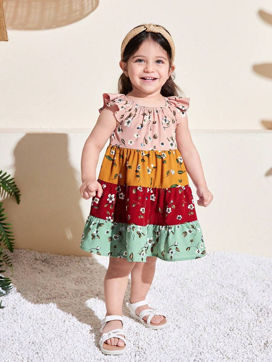 SHEIN Baby Mädchen Vintage Ditsy Blumen Farbblock Kurzarm Mini Kleid - Pink - Übersicht 1