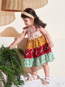 SHEIN Baby Mädchen Vintage Ditsy Blumen Farbblock Kurzarm Mini Kleid - Pink - Übersicht 7
