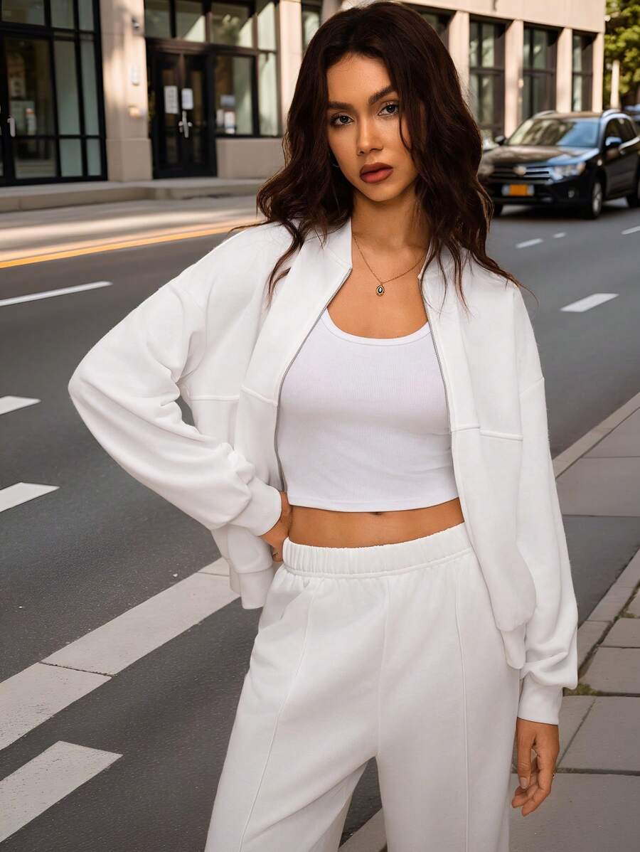 Forever 21 Women's Solid Color Drop Shoulder Long Sleeve Zip Front Baseball Collar Sweatshirt, Autumn - White - View 1