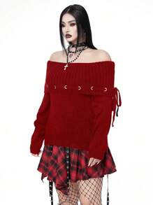 Flirla Plus Size Dark Punk Goth Style Black Metal Accent Lace-Up Off Shoulder Tight Knit Pullover Sweater Knit Pullover Fall Winter Sweater - Red - View 5