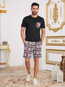 Manfinity Homme Conjunto de camiseta de manga corta y pantalones cortos para hombre, estilo sencillo y casual para uso diario